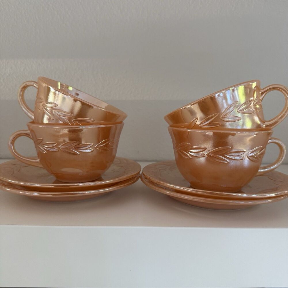 Anchor Hocking Fire King Peach Luster Laurel Leaf Cups And Saucers Set Of 4